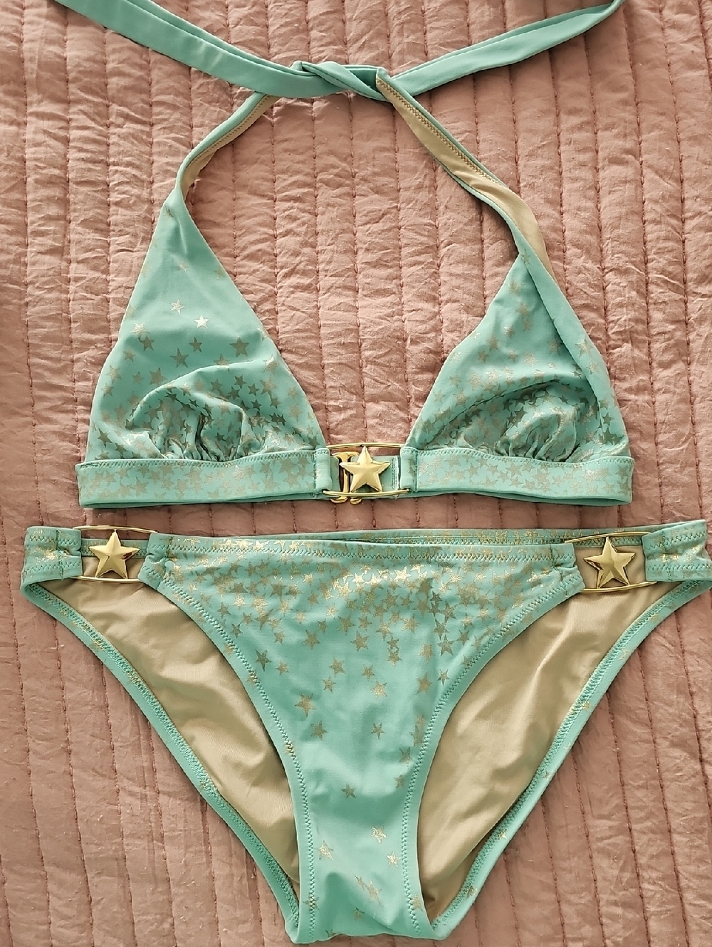 VS Mint Green Star-Print Bikini with Gold Star Accents Top Sz Sm Bottom Sz Med